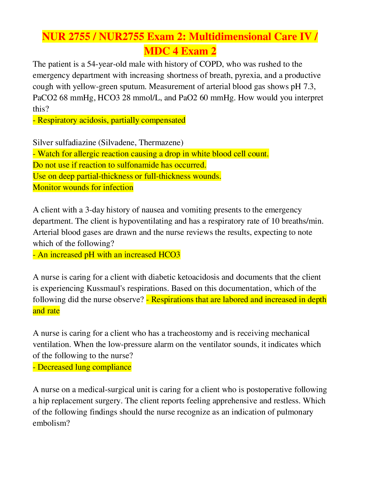 Preview of NUR2755 / NUR 2755 Multidimensional Care IV / MDC 4 Exam 2 Review Latest Update Rasmussen